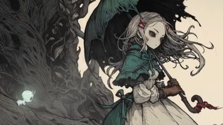 The Ashen OZ protagonist holds a frayed umbrella next to a gnarled tree