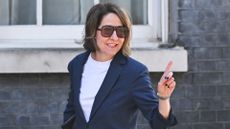 Secretary of State for Science, Innovation and Technology Liz Kendall holding up index finger and posing for press after arriving in Downing Street to attend the weekly Cabinet meeting in London.