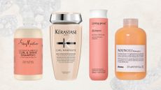 Lineup of the best shampoos for curly hair from (L-R) Shea Moisture, Kérastase, Living Proof and Davines, on a neutral background with foamy bubbles