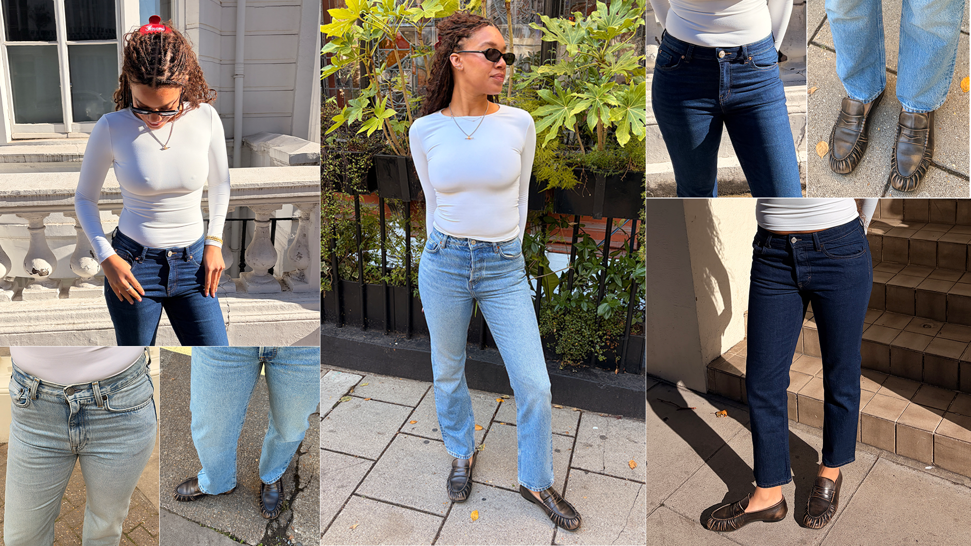 A collage of images of junior fashion editor Imani trying on the best straight leg jeans, from Levis, COS and H&amp;M 