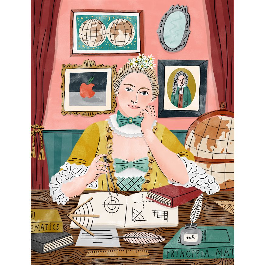 This portrait of 18th century French natural philosopher, mathematician, physicist, and author &Eacute;milie du Ch&acirc;telet was an early concept for a book, Bodil Jane says