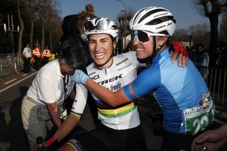 World Champion Elisa Balsamo gets congratulated by Trek-Segafredo teammate Shirin van Anrooij for the victory at Brugge-De Panne Women 2022