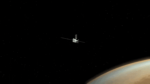 An artist impression of BepiColombo flying by Venus on Aug. 10, 2021.