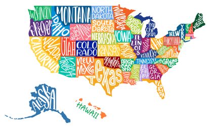 US map with the names of each state in different colors