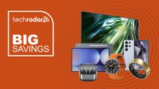 Collage of Samsung tech from the Black Friday sale including a TV, tablet, phone, earbuds, smartwatch and smart ring on an orange background next to TechRadar big saving badge