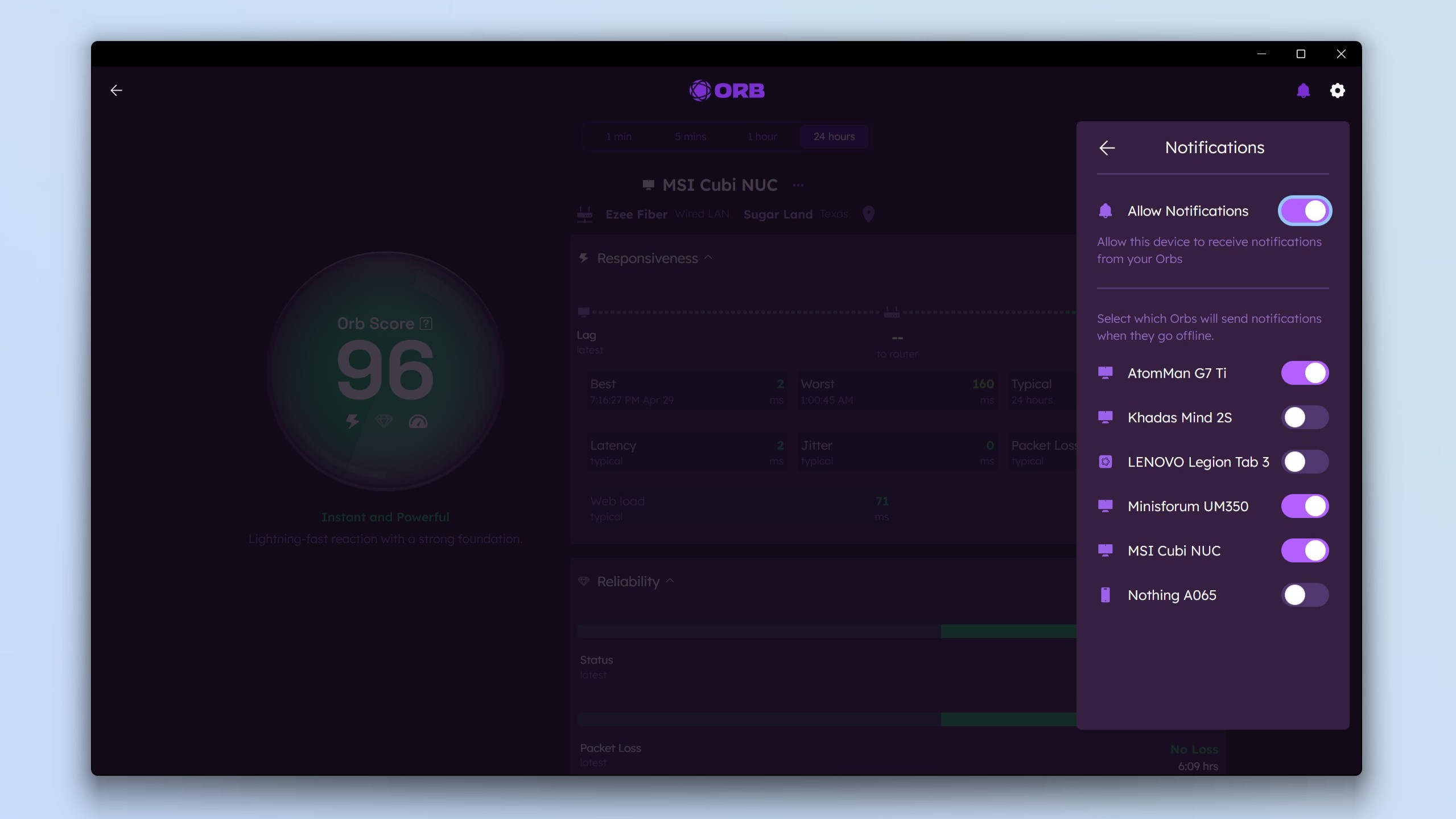 A screenshot showing how notifications can be enabled per device in the Orb app