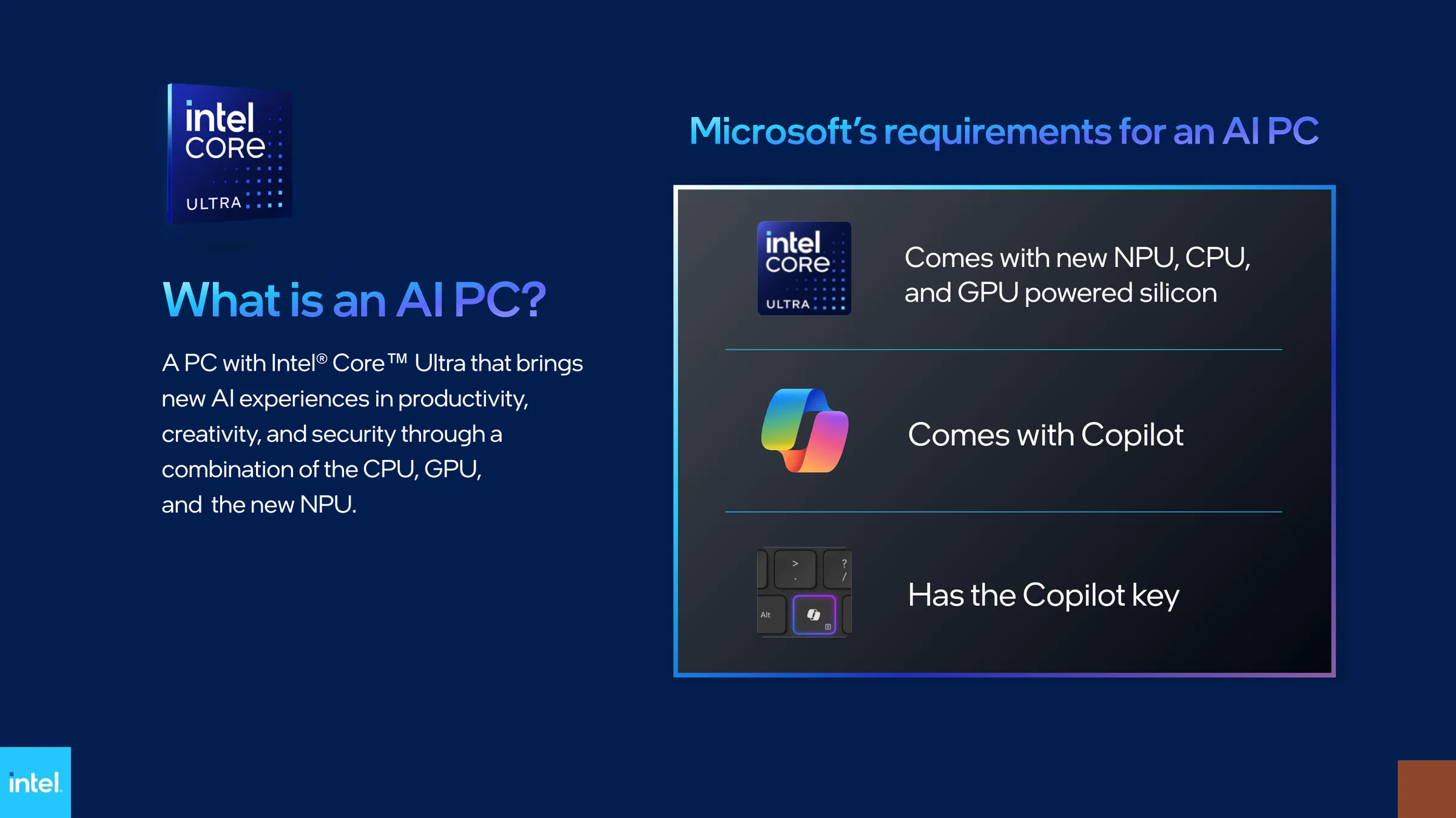 Intel datasheet showing requirements for a Microsoft AI PC.