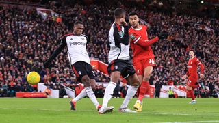 Cody Gakpo of Liverpool scores their 2nd goal during the Carabao Cup Semi Final First Leg at Anfield