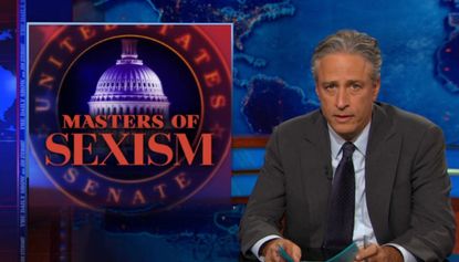 Jon Stewart ruthlessly mocks the sexist old men of the Senate, and their defenders at Fox News