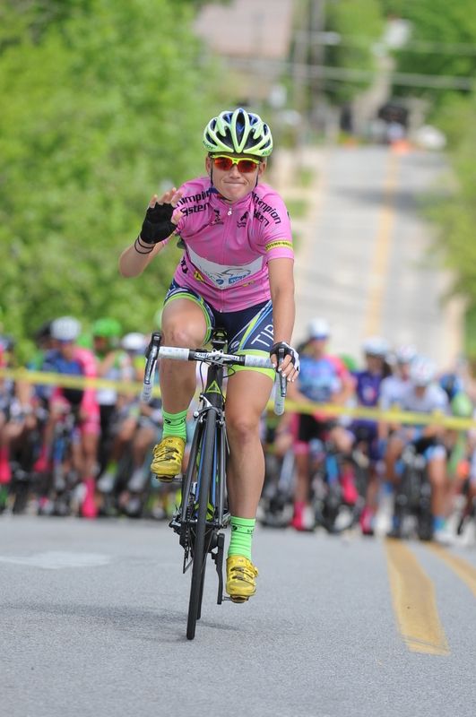 Lauren Stephens (Team Tibco-SVB) pretty in the leader's pink jersey