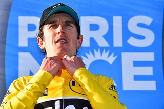 Geraint Thomas in yellow on the stage 6 podium at Paris-Nice.