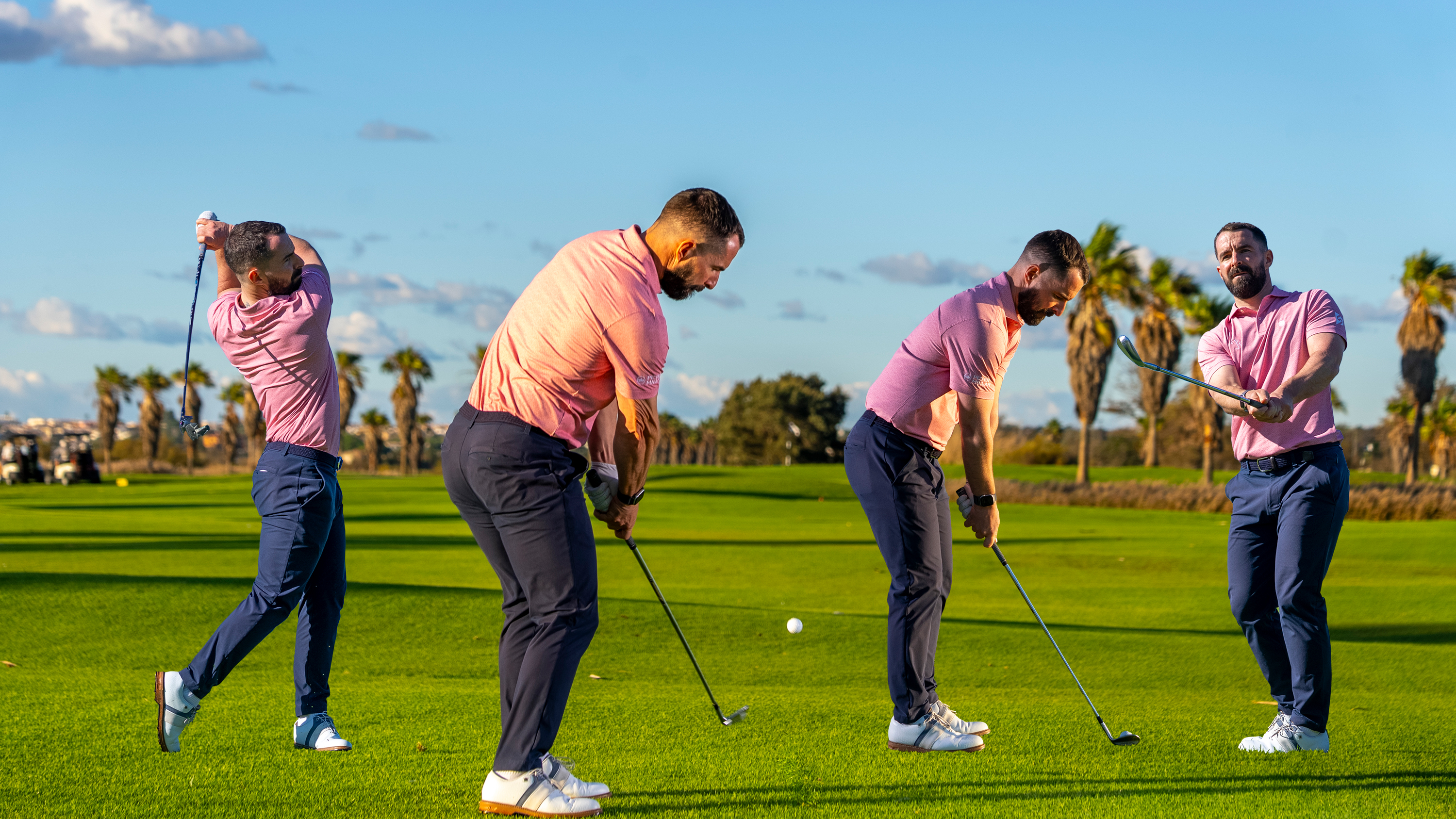 James Jankowski in three different stages of the golf swing, including the finish position, the setup and just after impact, highlighting different areas where amateur golfers struggle with the 8 most common mistakes