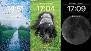 iPhone home screens with different wallpapers, one with a nature scene, one with a dog, one of the moon