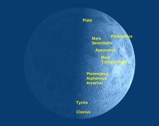 This moon map identifies some of the best targets on the moon to look for during its first-quarter phase in late March/early April 2012.