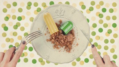 Photo collage of a top-down views of a plate and woman's hands holding cutlery next to it. On the plate, there is a massive open pill with its contents spilling out.