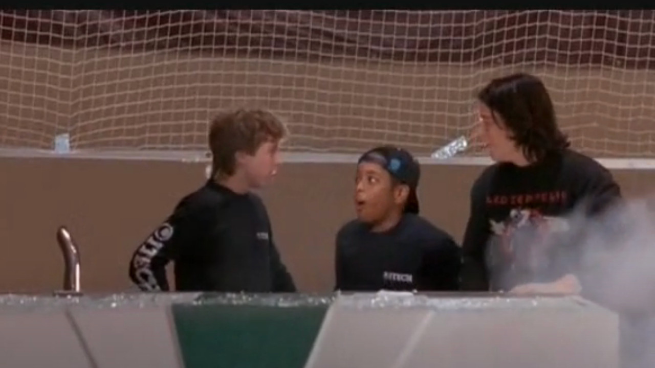 Guy, Fulton and Jesse look shocked after crashing a Zamboni through a wall.