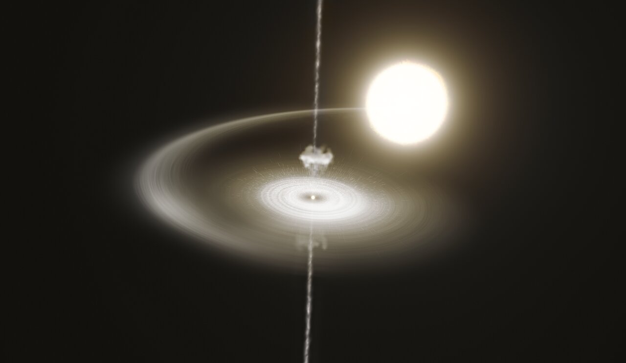 A silver orb siphons glowing matter from a larger, brighter orb