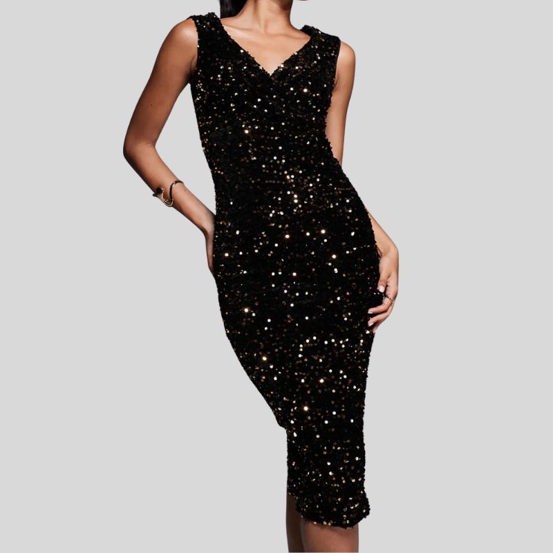 Goddiva Multi sequin &amp;amp; velvet bardot midi dress in gold on model