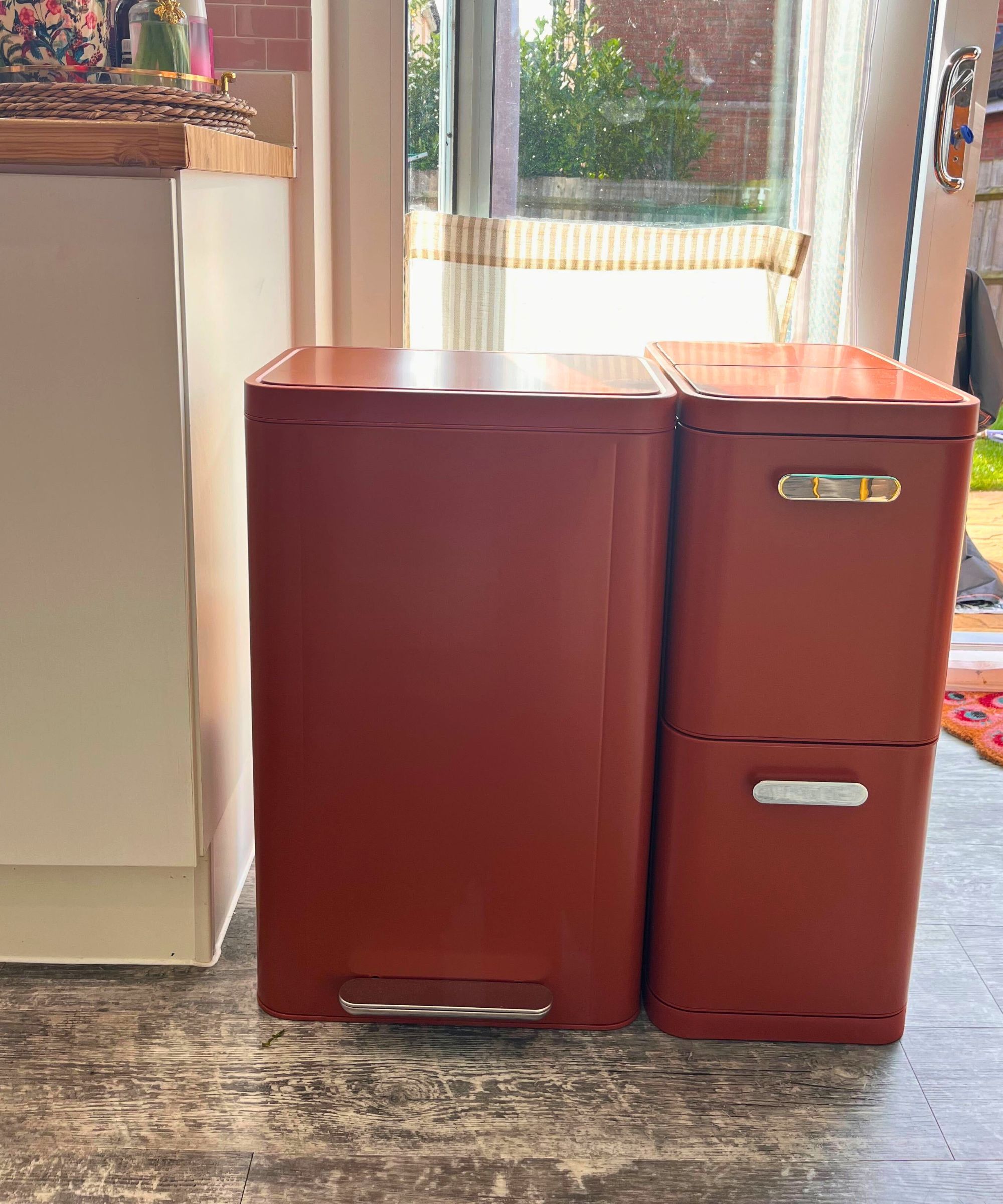 New Caraway Trash &amp;amp; Recycle system in Clay, which is situated at the end of a kitchen counter and cabinet