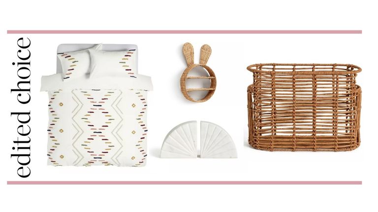 Habitat sale graphic with bedding, bunny shelf, marble bookends and magazine rack