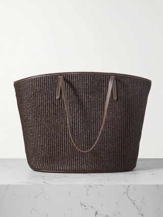 Bead-Embellished Leather-Trimmed Raffia Tote