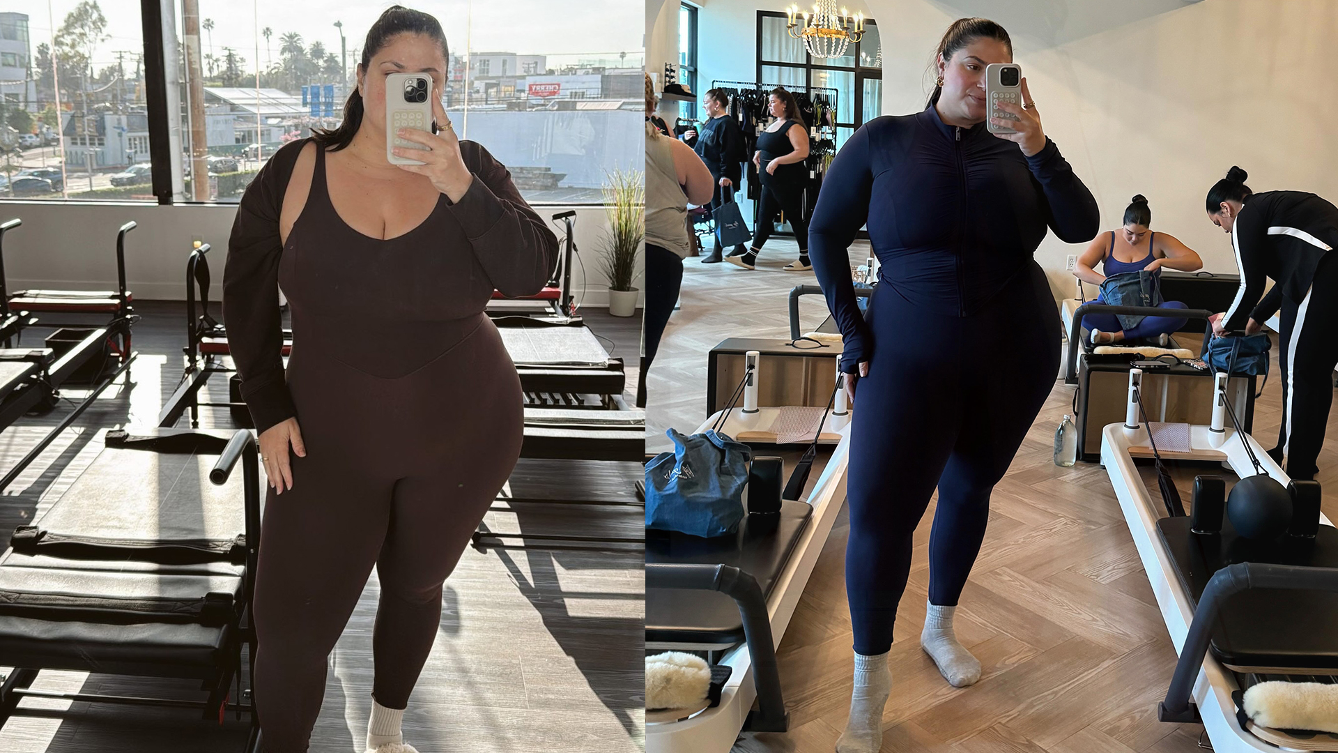 gia sinatra wears jumpsuit from vitality in her pilates class while taking a mirror selfie