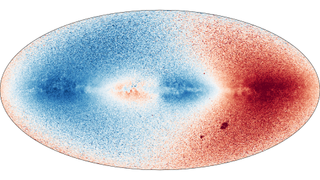 This radial velocity image shows the movement of 7 billion stars. The colors run from blue (stars moving at 50 km/s toward us) to red (stars moving 50 km/s away from us). The white color shows when, on average, the stars are not moving in the line of sight with respect to us. Stars lagging behind as they orbit the center of the Milky Way appear to be traveling away from us, and those speeding up appear to be traveling toward us.