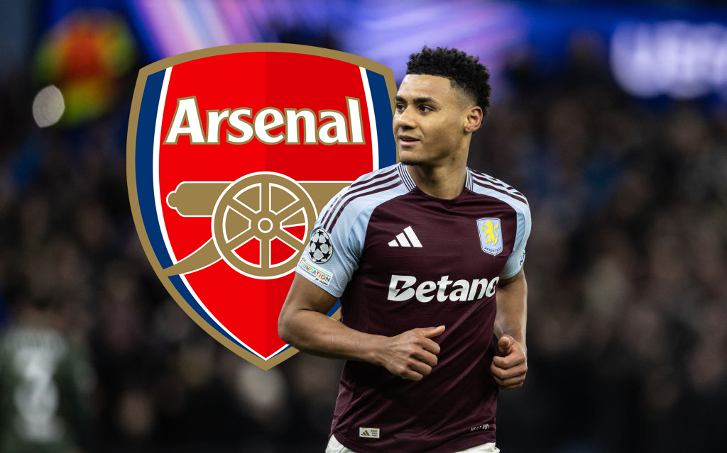 Aston Villa striker Ollie Watkins in the Champions League with the Arsenal crest and club badge behind him