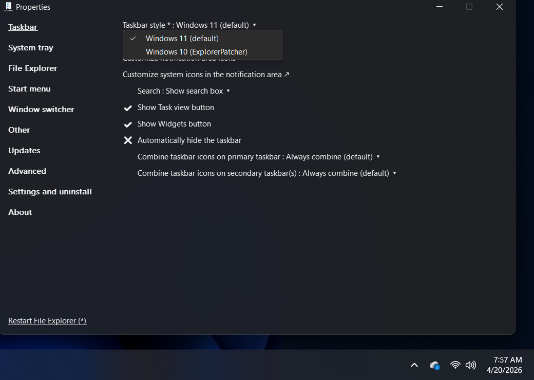 The ExplorerPatcher app running on a Windows 11 PC with Taskbar settings open.