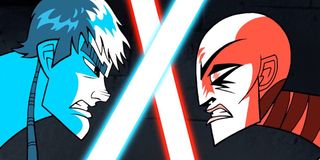 Anakin Skywalker and Asajj Ventress locked in lightsaber duel