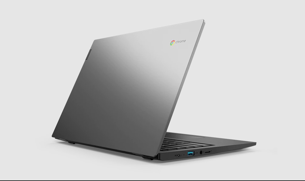 A silver Lenovo Chromebook on a white background