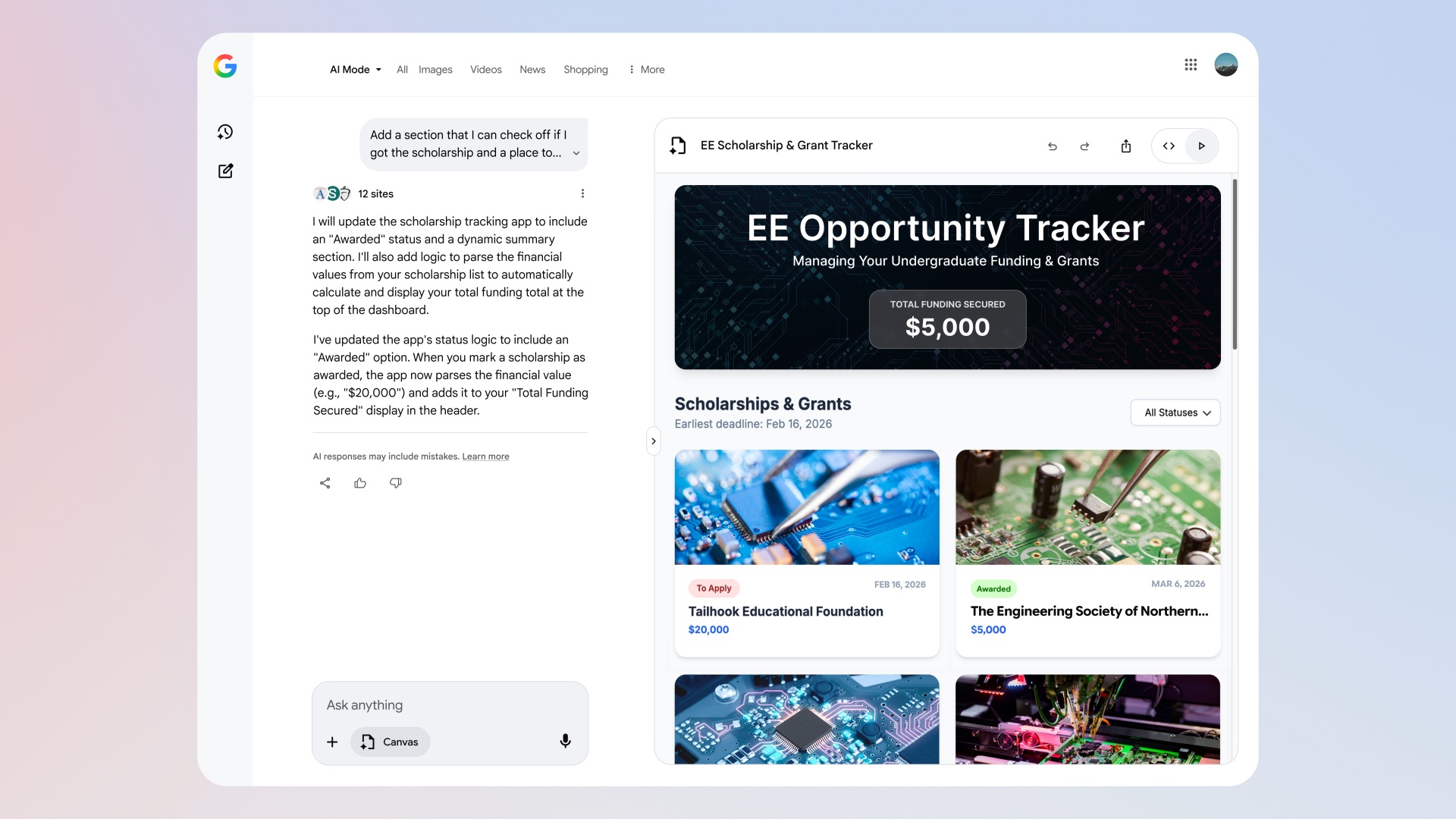 Google says Canvas in AI Mode lets users draft documents, create interactive tools, and much more in its latest update.