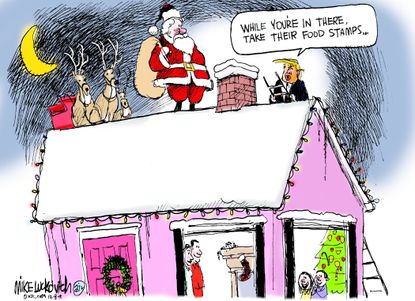 Political Cartoon U.S. Trump SNAP Food Stamp Santa