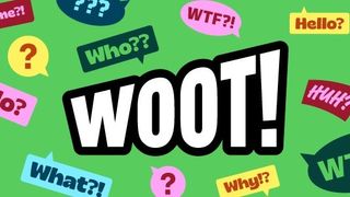 The Woot! logo surrounded by questions such as "Who?", "What?!" and "WTF?!" in bubbles