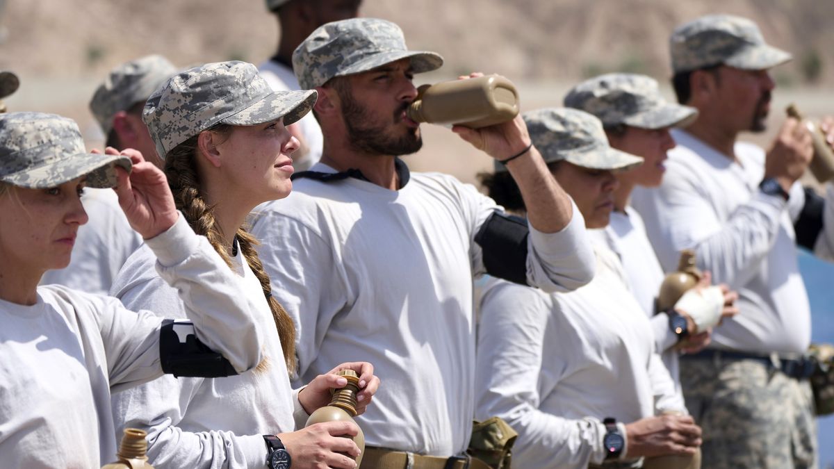 Celebrities standing in line in Special Forces: World&#039;s Toughest Test