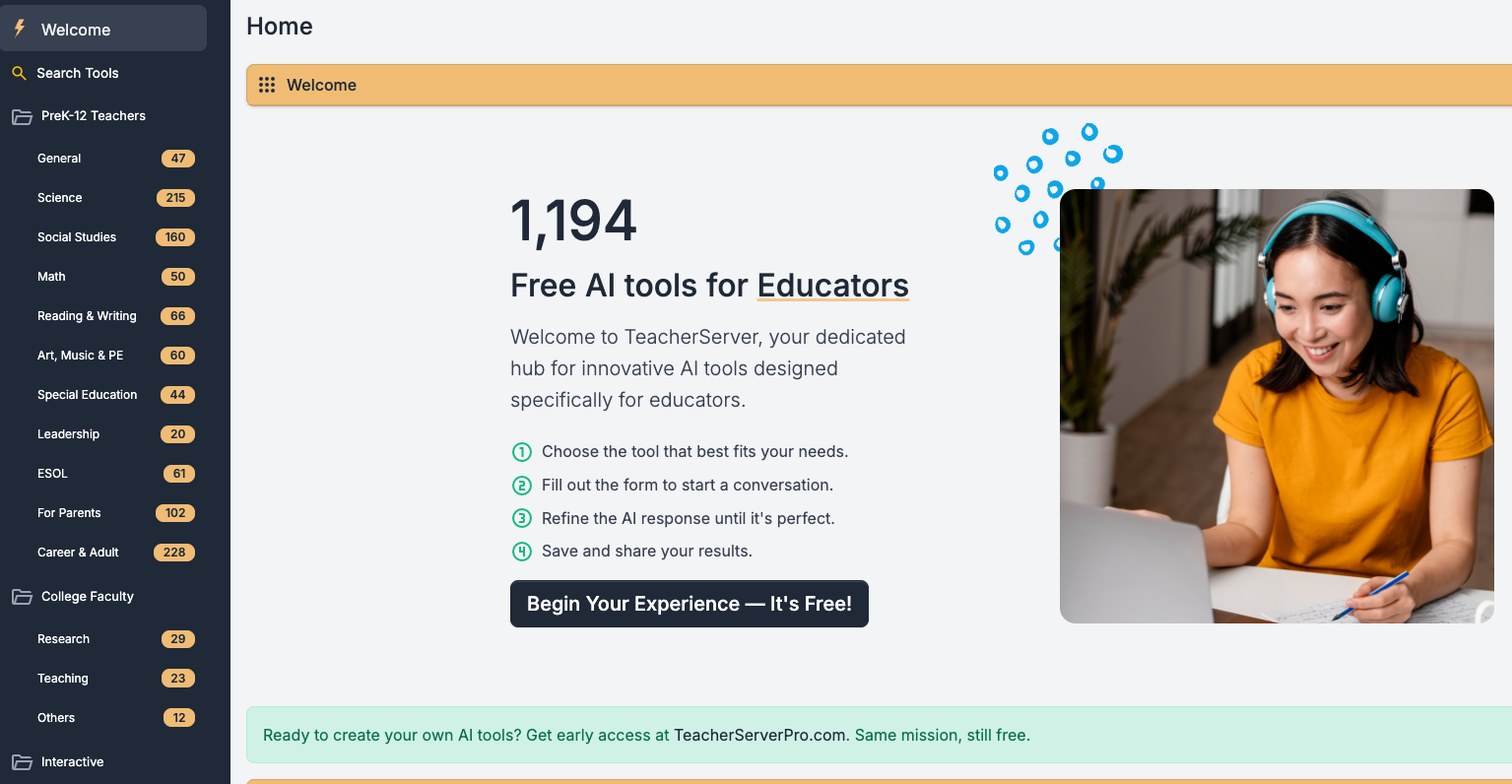 A screenshot of the TeacherServer homepage