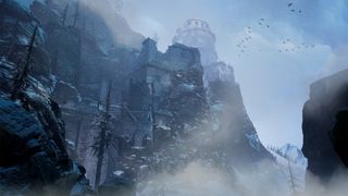 An official screenshot from Behemoth running on PSVR 2 showing a giant snowy castle on a mountain