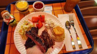 A ribs and brisket platter at Roundup Rodeo BBQ.