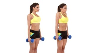 A woman performing dumbbell shoulder shrugs