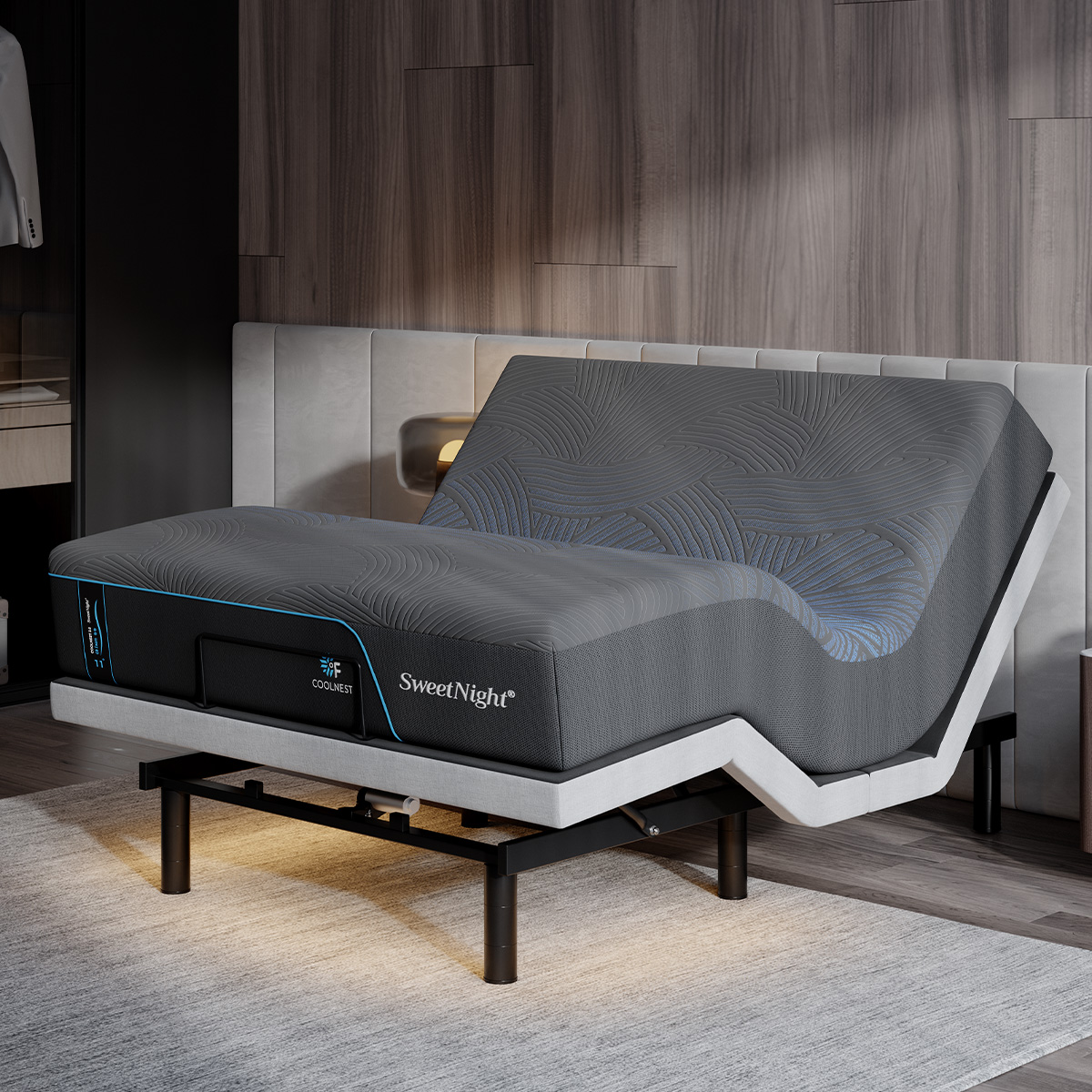 Adjustable bedframe with lower third raised but flat, and top third raised at an angle