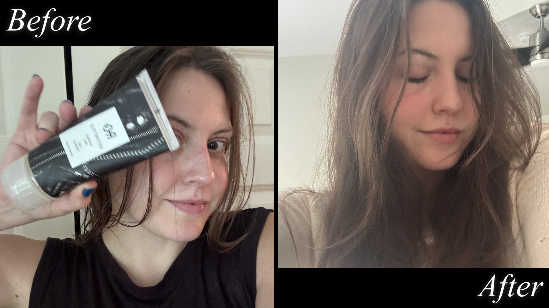 Beauty writer Sophia Vilensky before and after testing R+Co&#039;s hair gel.