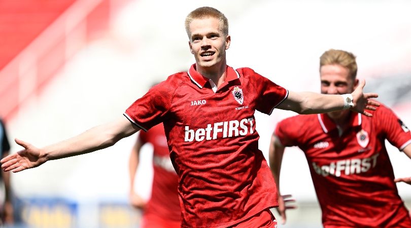 Arthur Vermeeren celebrates after scoring for Royal Antwerp against club Brugge in May 2023.