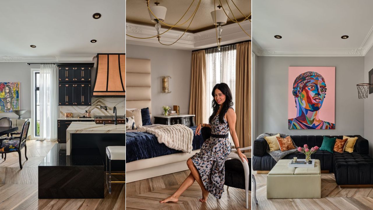 Three spaces from designer Vanessa DeLeon&#039;s home: a kitchen and dining room, a bedroom, and a living room