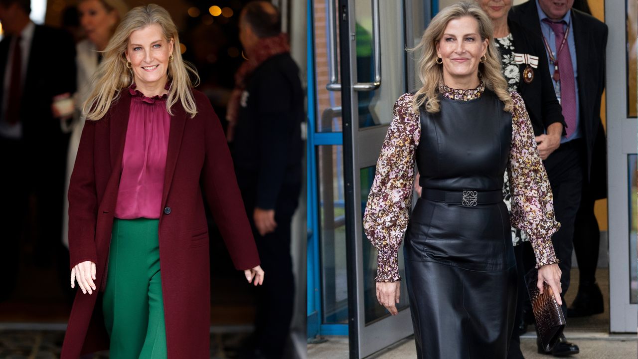 Duchess Sophie walking from a building wearing a burgundy coat with a pink top and green pants next to a photo of her leaving a building wearing a black leather dress over a patterned floral blouse and smiling