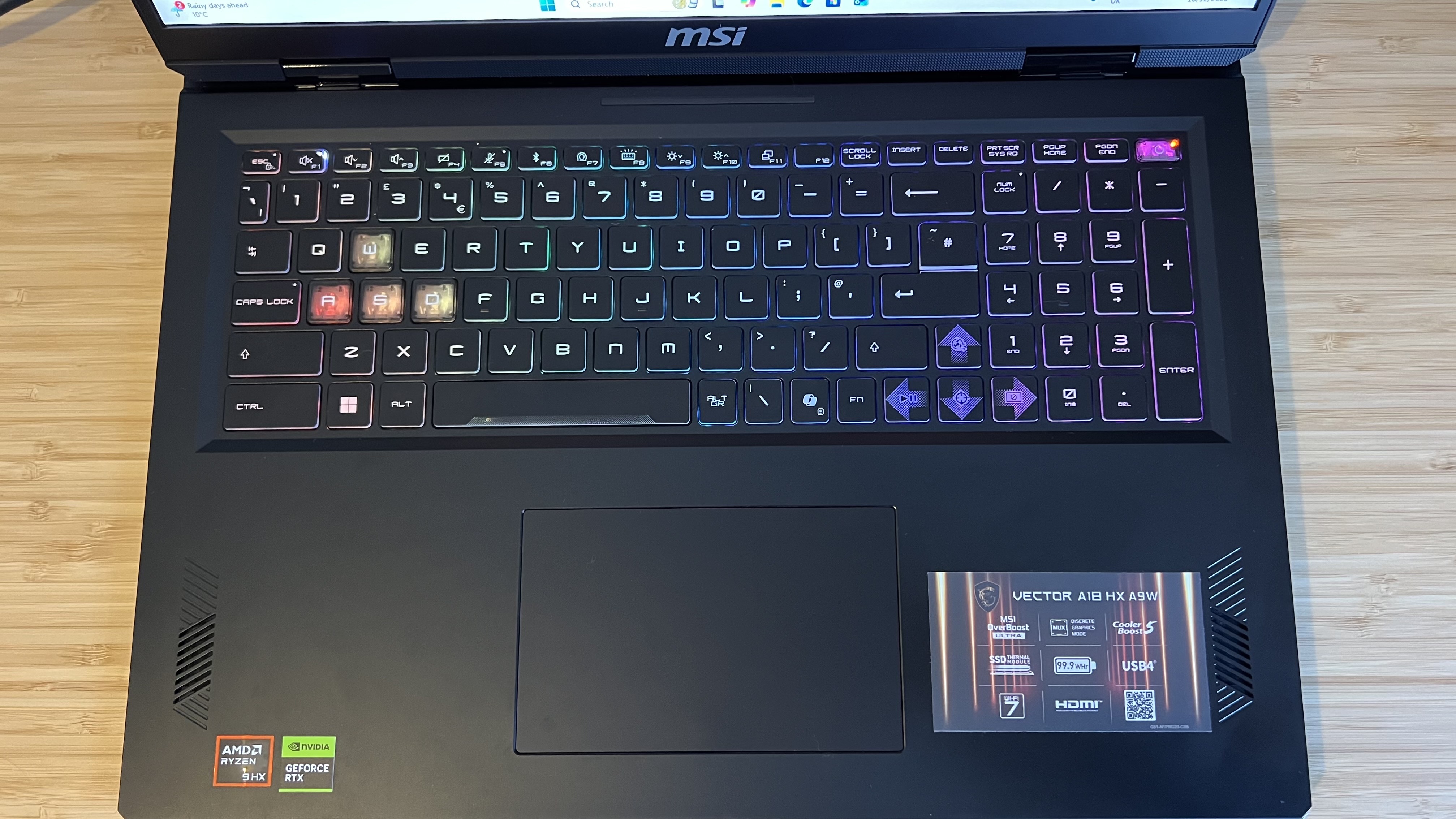 Top down view of keyboard and trackpad of MSI Vector A18 HX A9W gaming laptop