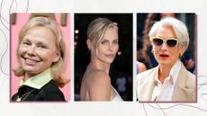 On the left Pamela Anderson is pictured with a blonde and 'greige' bob at the Pandora Talisman Collection Launch Event at Halo Twenty Eight on September 08, 2025 in New York, New York, alongside a picture of Charlize Theron, with what looks like 'greige lights' in her hair, which is styled in an updo at The Prelude To The Olympics on July 25, 2024 in Paris, France. And on the right, Meryl Streep is seen with a grey-blonde pixie-style haircut, whilst filming scenes for "The Devil Wears Prada 2" on July 25, 2025 in New York City/ all featured in a white teamplate with pink swirly lines.