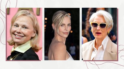 On the left Pamela Anderson is pictured with a blonde and 'greige' bob at the Pandora Talisman Collection Launch Event at Halo Twenty Eight on September 08, 2025 in New York, New York, alongside a picture of Charlize Theron, with what looks like 'greige lights' in her hair, which is styled in an updo at The Prelude To The Olympics on July 25, 2024 in Paris, France. And on the right, Meryl Streep is seen with a grey-blonde pixie-style haircut, whilst filming scenes for "The Devil Wears Prada 2" on July 25, 2025 in New York City/ all featured in a white teamplate with pink swirly lines.