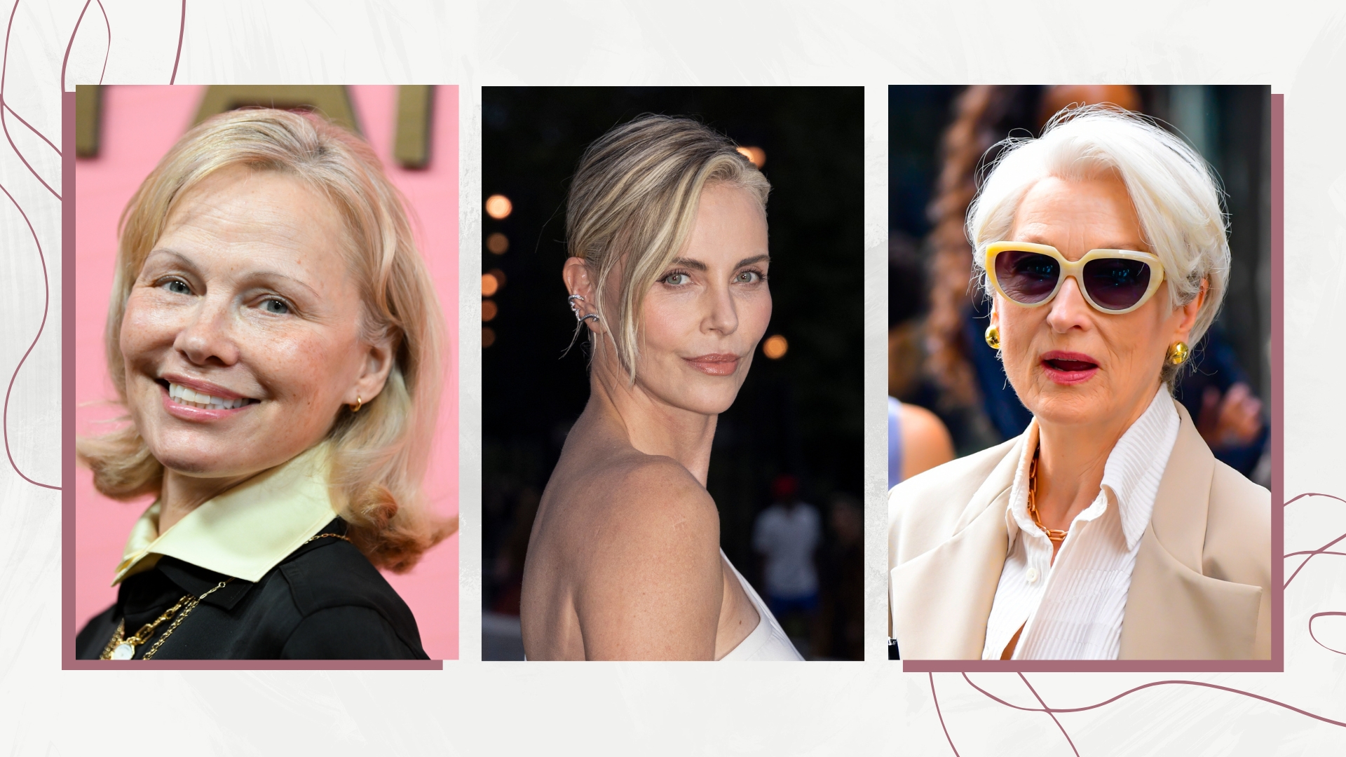On the left Pamela Anderson is pictured with a blonde and &#039;greige&#039; bob at the Pandora Talisman Collection Launch Event at Halo Twenty Eight on September 08, 2025 in New York, New York, alongside a picture of Charlize Theron, with what looks like &#039;greige lights&#039; in her hair, which is styled in an updo at The Prelude To The Olympics on July 25, 2024 in Paris, France. And on the right, Meryl Streep is seen with a grey-blonde pixie-style haircut, whilst filming scenes for &quot;The Devil Wears Prada 2&quot; on July 25, 2025 in New York City/ all featured in a white teamplate with pink swirly lines.