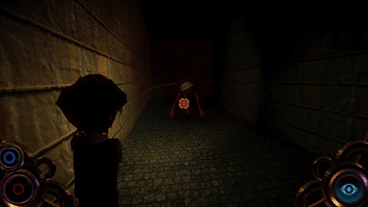 Figure emerging out of darkness into flashlight beam in Psychopomp 2