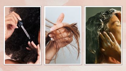 A collage of haircare images - on the left, a close-up of a woman applying hair oil to the ends of her curly/coily hair, in the middle, a close-up of someone holding the ends of their hair in between their fingers and on the right, a woman is pictured washing her hair with shampoo/ in a pink watercolour three-picture template